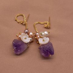 Designer Jewelry Bông tai Ngọc Trai Tự Nhiên Tua Rua Thạch Anh Tím MADAME HIEN PEARLS BTT098