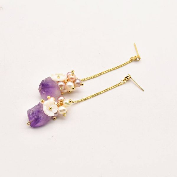 Designer Jewelry Bông tai Ngọc Trai Tự Nhiên Tua Rua Thạch Anh Tím MADAME HIEN PEARLS BTT098