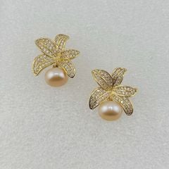 Bông Tai Ngọc Trai Tự Nhiên Mặt Hoa Ly Khung Vàng  Đính Đá Zircon MADAME HIEN PEARLS Cho Nữ BTN191V