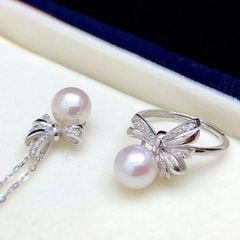 Bộ Set Trang Sức Ngọc Trai Dây Chuyền, Nhẫn Và Bông Tai Nơ Đáng Yêu MADAME HIEN PEARLS Cho Nữ SPS100