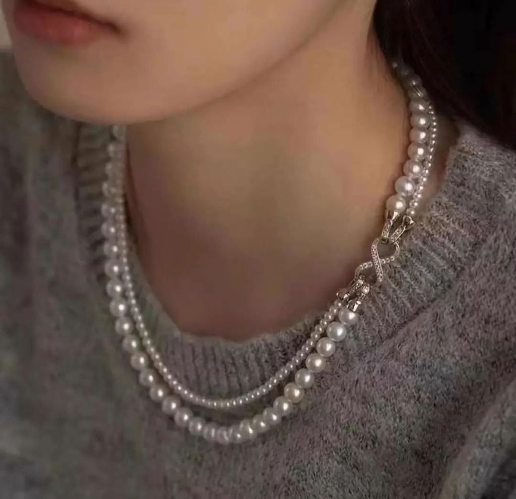 Vòng Cổ Ngọc Trai Tự Nhiên 2 Dây Lớn Nhỏ 2 Kiểu Đeo Khoá Vô Cực Dáng Nơ Đính Đá Quý Cho Nữ MADAME HIEN PEARLS CT045