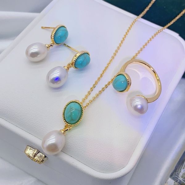 Bộ Set Ngọc Trai Dây chuyền + Bông Tai Ngọc Lam Xanh Cổ Điển Đông Dương Quý Bà Sang Trọng Quý Phái