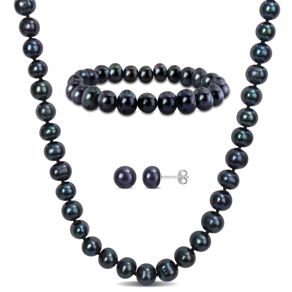 Bộ Set Ngọc Trai Đen Lông Công Gồm Vòng cổ + Vòng Tay Tự Nhiên 7mm Khoá Bạc Mạ Vàng MADAME HIEN PEARLS Cho Nữ