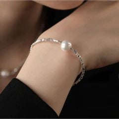 Bộ Vòng Cổ, Vòng Tay và Vòng Cổ Chân Dây Bạc Mặt 1 Hạt Ngọc Trai Tròn Tối Giản MADAME HIEN PEARLS SPS064
