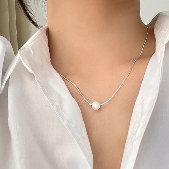 Dây Chuyền Bạc Ý 925 Xuyên Tâm Hạt Trai 10-11mm kèm bi Bạc Ý sang trọng cho nữ MN028