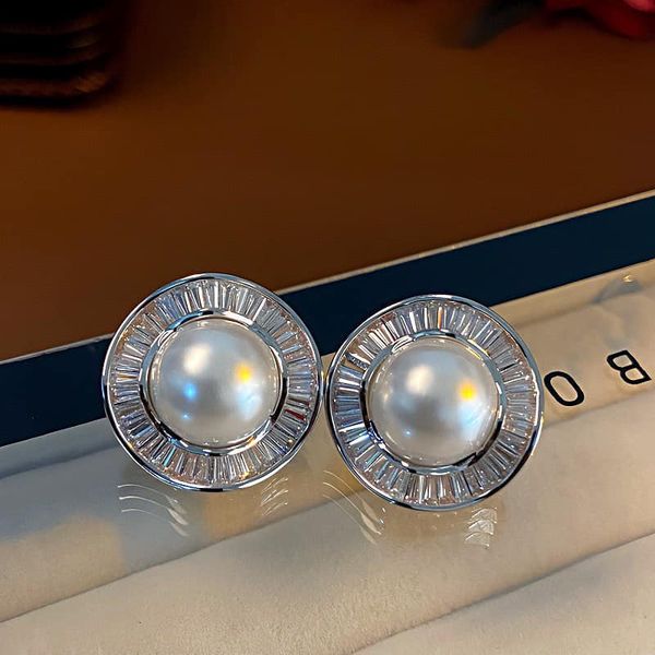 Bông tai Bạc Ý s925 Đính Ngọc Trai Tự Nhiên 10-11mm Mặt To Tròn Đá Zircon Sang Trọng BYBTN001