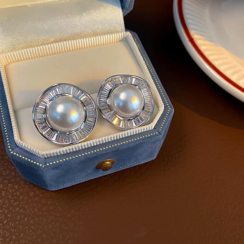 Bông tai Bạc Ý s925 Đính Ngọc Trai Tự Nhiên 10-11mm Mặt To Tròn Đá Zircon Sang Trọng BYBTN001