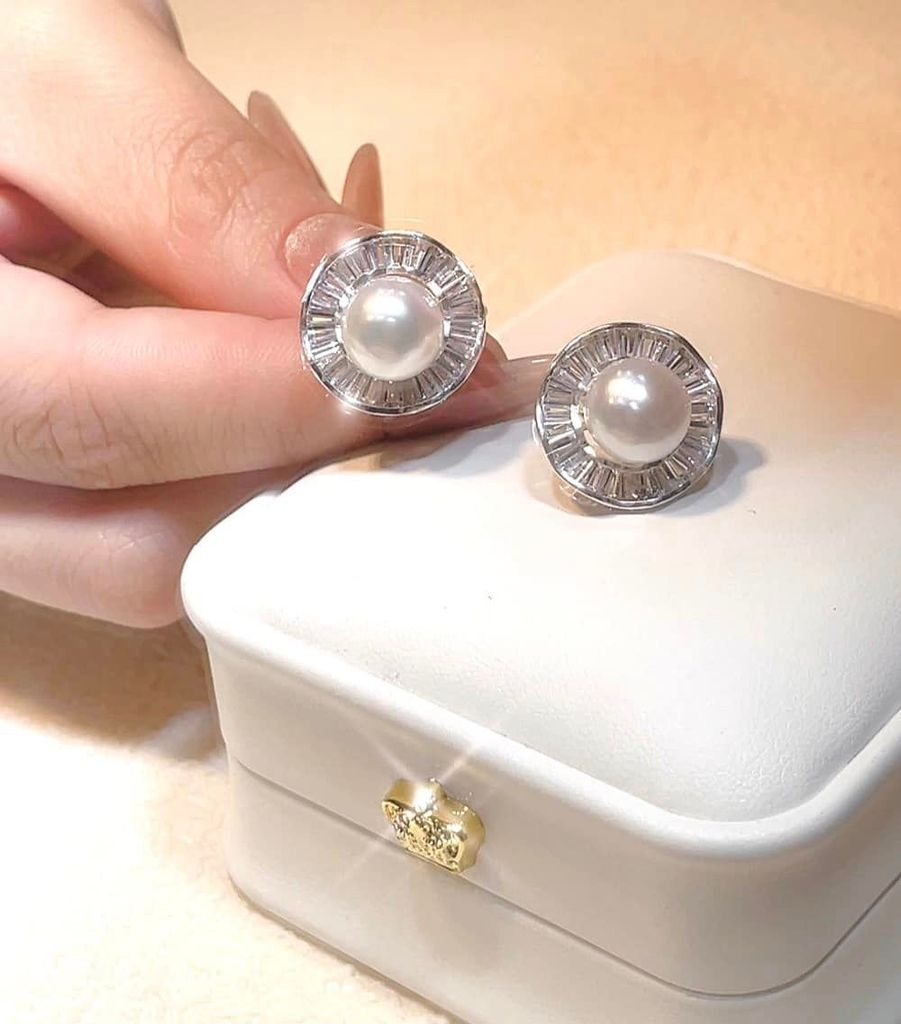 Bông tai Bạc Ý s925 Đính Ngọc Trai Tự Nhiên 10-11mm Mặt To Tròn Đá Zircon Sang Trọng BYBTN001