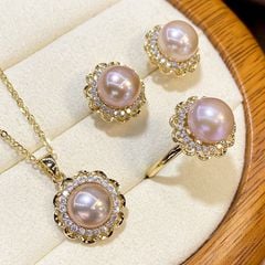 Bộ Set Ngọc Trai Dây chuyền + Nhẫn + Bông Tai Dáng Hoa MADAME HIEN PEARLS Sang Trọng Cho Nữ SPS019