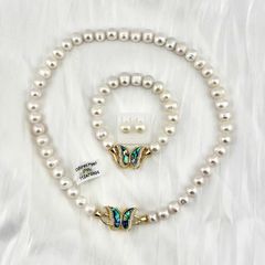 [Kèm kiểm định và Hộp] Bộ Set Ngọc Trai Vòng Cổ, Vòng Tay và Bông Tai Khoá Bướm Xanh Xà Cừ Tự Nhiên MADAME HIEN PEARLS Cho Nữ SCT030