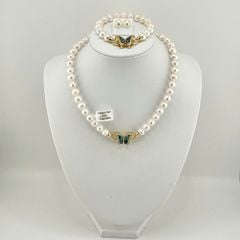 [Kèm kiểm định và Hộp] Bộ Set Ngọc Trai Vòng Cổ, Vòng Tay và Bông Tai Khoá Bướm Xanh Xà Cừ Tự Nhiên MADAME HIEN PEARLS Cho Nữ SCT030