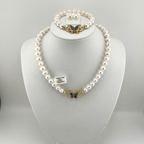 [Kèm kiểm định và Hộp] Bộ Set Ngọc Trai Vòng Cổ, Vòng Tay và Bông Tai Khoá Bướm Xanh Xà Cừ Tự Nhiên MADAME HIEN PEARLS Cho Nữ SCT030