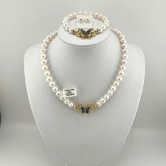 [Kèm kiểm định và Hộp] Bộ Set Ngọc Trai Vòng Cổ, Vòng Tay và Bông Tai Khoá Bướm Xanh Xà Cừ Tự Nhiên MADAME HIEN PEARLS Cho Nữ SCT030