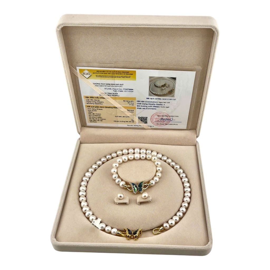 [Kèm kiểm định và Hộp] Bộ Set Ngọc Trai Vòng Cổ, Vòng Tay và Bông Tai Khoá Bướm Xanh Xà Cừ Tự Nhiên MADAME HIEN PEARLS Cho Nữ SCT030