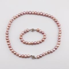 Bộ set Vòng cổ và Vòng Tay Ngọc Trai TímTự Nhiên 8-9mm Khoá Hoa Hồng ST001THH