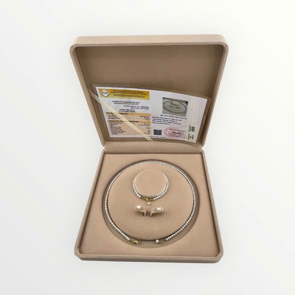 [Kèm Kiểm Định và Hộp] Set Bộ Trang Sức Ngọc Trai Hạt Tròn Nhí 3-4mm Khoá Cham Hạt Trai Chuông MADAME HIEN PEARLS Đáng Yêu SCT042