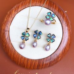 Bộ Set Ngọc Trai Vòng cổ + Nhẫn + Bông Tai Bộ Trang Sức Ngọc Trai Tự Nhiên Cỏ 4 Lá Xà Cừ Vỏ Bàu Ngư MADAME HIEN PEARLS SPS073