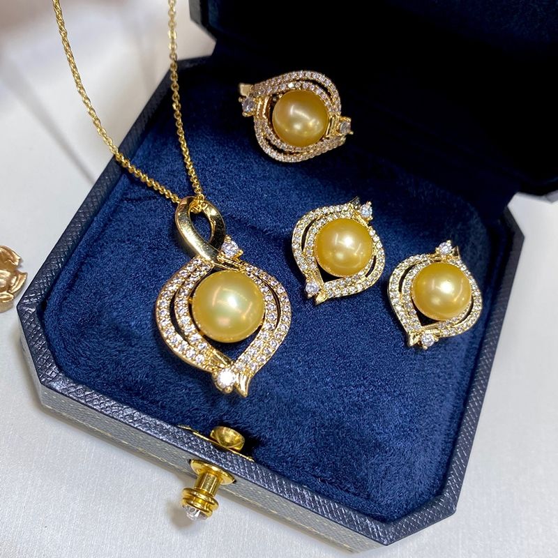 Bộ Set Ngọc Trai Dây chuyền + Nhẫn + Bông Tai Bạc 925 Mạ Vàng Đính Hạt Trai Vàng Quý Tộc SPS027V