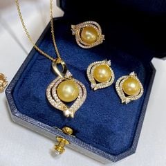 Bộ Set Ngọc Trai Dây chuyền + Nhẫn + Bông Tai Bạc 925 Mạ Vàng Đính Hạt Trai Vàng Quý Tộc SPS027V
