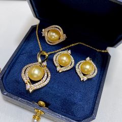 Bộ Set Ngọc Trai Dây chuyền + Nhẫn + Bông Tai Bạc 925 Mạ Vàng Đính Hạt Trai Vàng Quý Tộc SPS027V