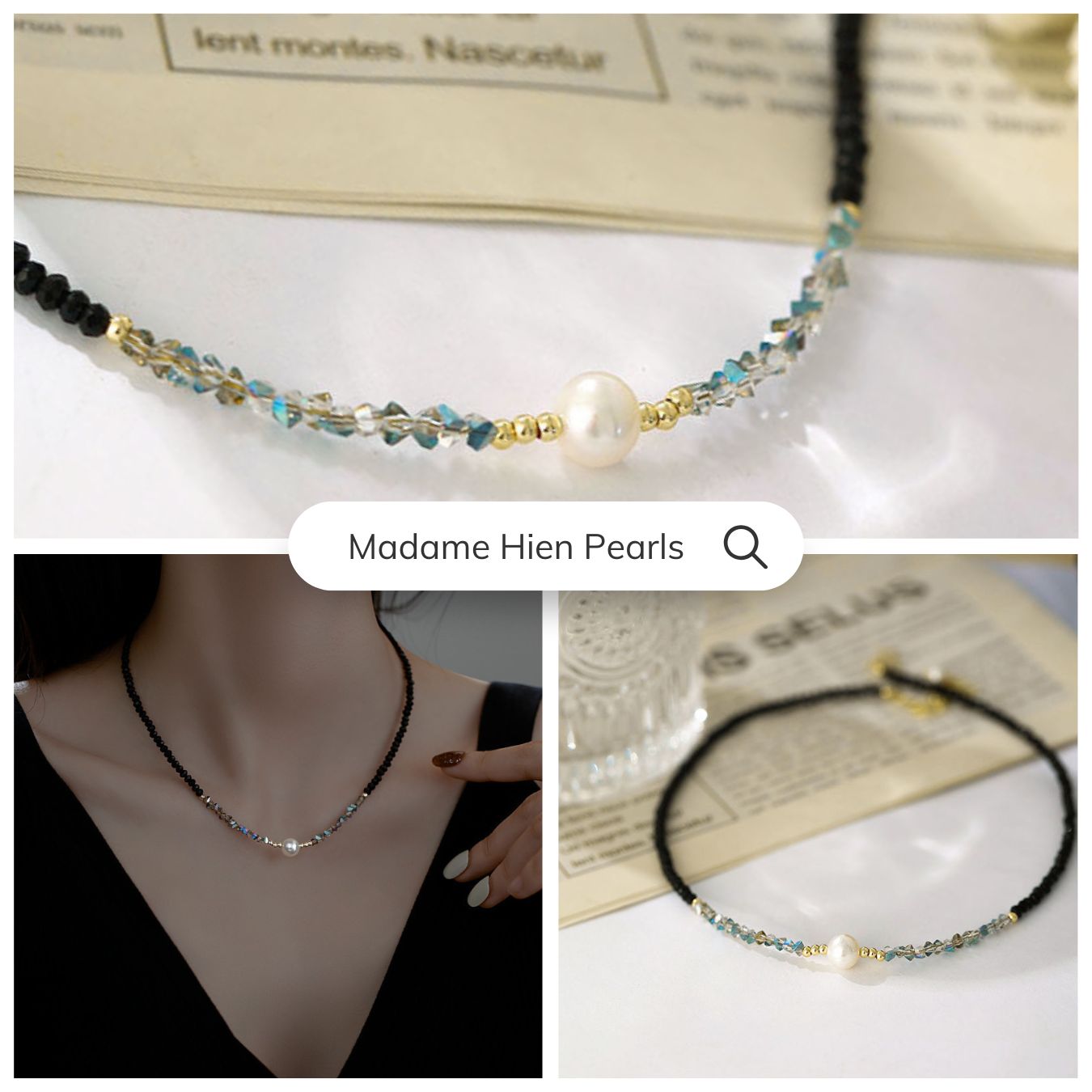 Bộ Trang Sức Dây Chuyền và Vòng Tay Mặt Ngọc Trai Hạt Gạo Phối Pha Lê Ánh Sao Đơn Giản MADAME HIEN PEARLS Cho Nữ SPS116