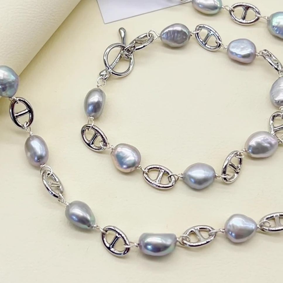 Bộ Set Ngọc Trai Vòng cổ + Vòng Tay Bộ Trang Sức Ngọc Trai Xám Tự Nhiên Phối Cham Mũi Heo MADAME HIEN PEARLS SPS074