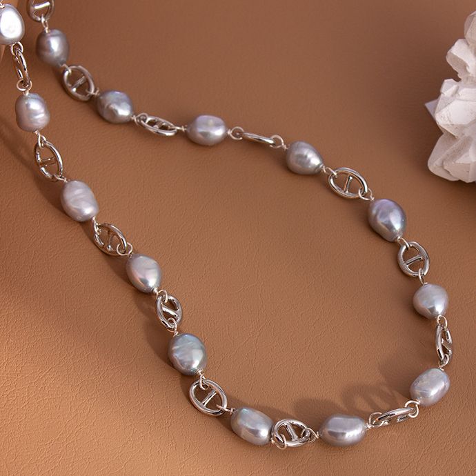 Bộ Set Ngọc Trai Vòng cổ + Vòng Tay Bộ Trang Sức Ngọc Trai Xám Tự Nhiên Phối Cham Mũi Heo MADAME HIEN PEARLS SPS074