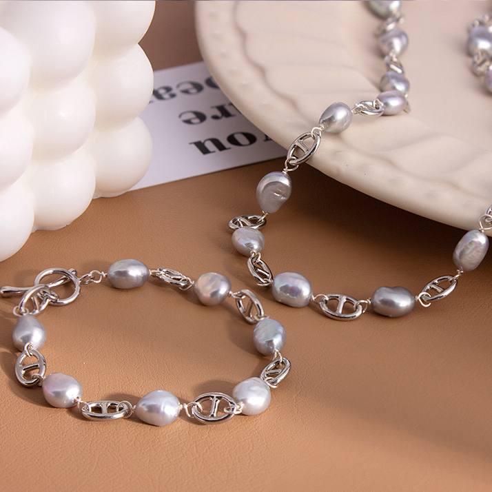 Bộ Set Ngọc Trai Vòng cổ + Vòng Tay Bộ Trang Sức Ngọc Trai Xám Tự Nhiên Phối Cham Mũi Heo MADAME HIEN PEARLS SPS074