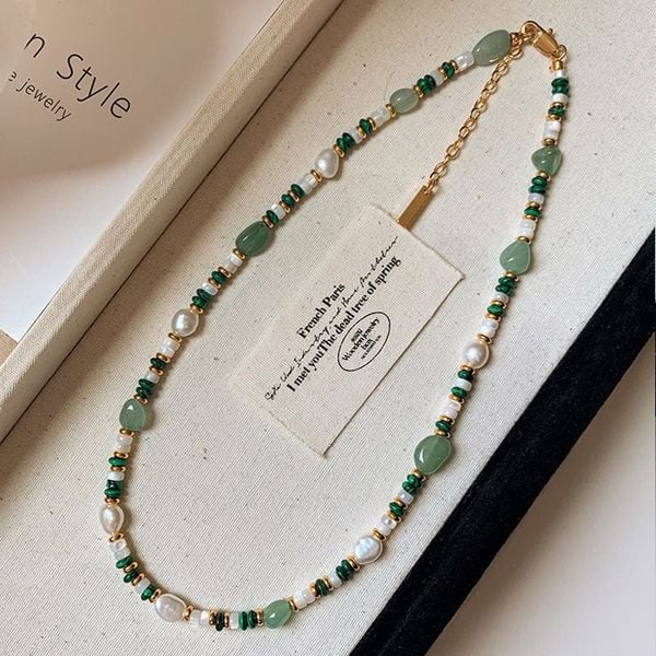 Vòng Cổ Xanh Con Công Mã Não Ngọc Trai Tự Nhiên Đính Hạt Mã Não Xanh Dongling Tự Nhiên MADAME HIEN PEARLS CB034