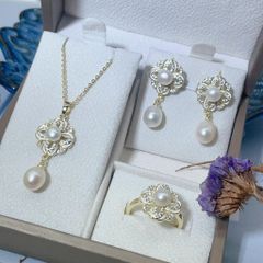 Bộ Set Ngọc Trai Dây chuyền + Nhẫn + Bông Tai Bạc 925 Hoa Bốn Lá Quý Tộc Thời Thượng