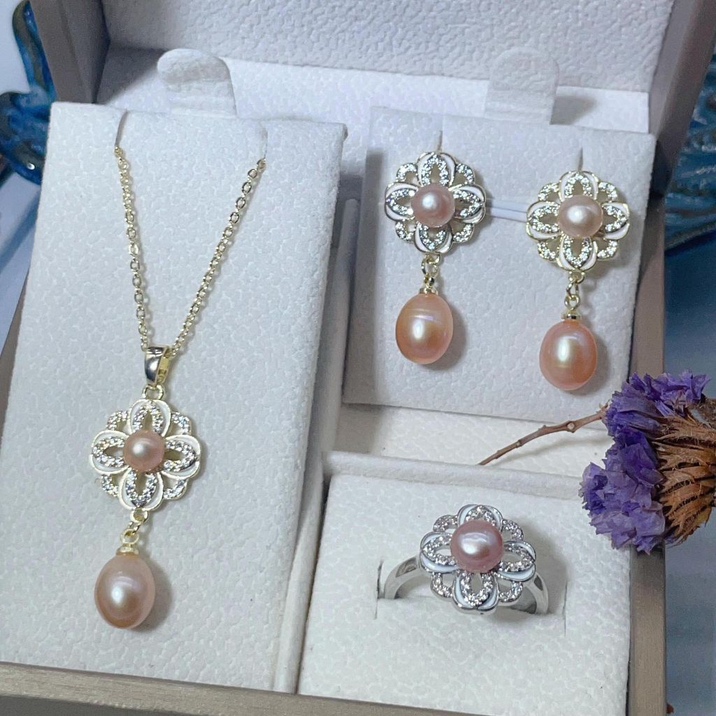 Bộ Set Ngọc Trai Dây chuyền + Nhẫn + Bông Tai Bạc 925 Hoa Bốn Lá Quý Tộc Thời Thượng SPS026