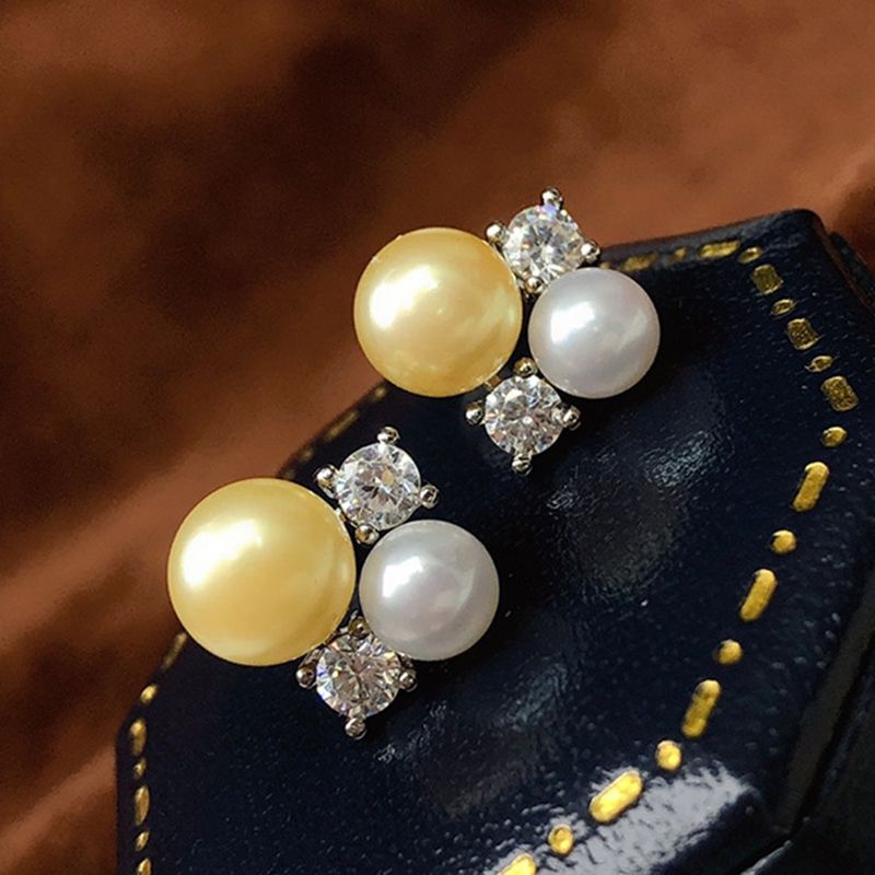 Bông Tai Kim Bạc S925 Đính 2 Hạt Ngọc Trai Tự Nhiên Lớn Nhỏ đối xứng phối Pha Lê Quý Phái BTN127