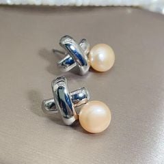 Khuyên Tai Kim Bạc s925 Đính Ngọc Trai Nước Ngọt Tự Nhiên Mặt Hình X Dễ Thương BTN059