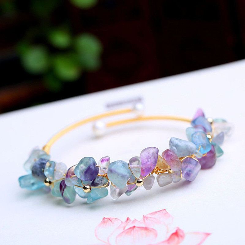 Vòng Tay Pha Lê Dâu Tây Fluorite Biển Xanh & Tourmaline Pha Lê Dâu Tây Đá Nghiền MADAME HIEN PEARLS Đáng Yêu Cho Nữ VTT100