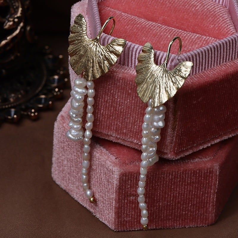 Designer Jewelry Bông Tai Thiết Kế Ngọc Trai Dị Keshi Tự Nhiên Tua Rua Ginkgo Bạch Quả Nữ Hoàng Ai Cập Niche Retro MADAME HIEN PEARLS BTB053