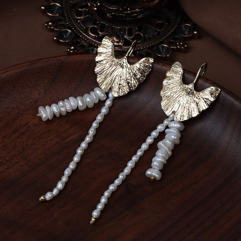 Designer Jewelry Bông Tai Thiết Kế Ngọc Trai Dị Keshi Tự Nhiên Tua Rua Ginkgo Bạch Quả Nữ Hoàng Ai Cập Niche Retro MADAME HIEN PEARLS BTB053