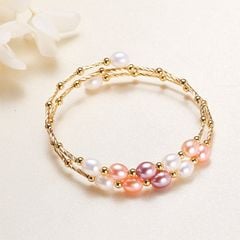 Vòng Tay Ngọc Trai Gọng Còng Cứng 2 Lớp Đính 2 Hàng 10 Hạt Ngọc Trai Giọt Nước MADAME HIEN PEARL VTG034