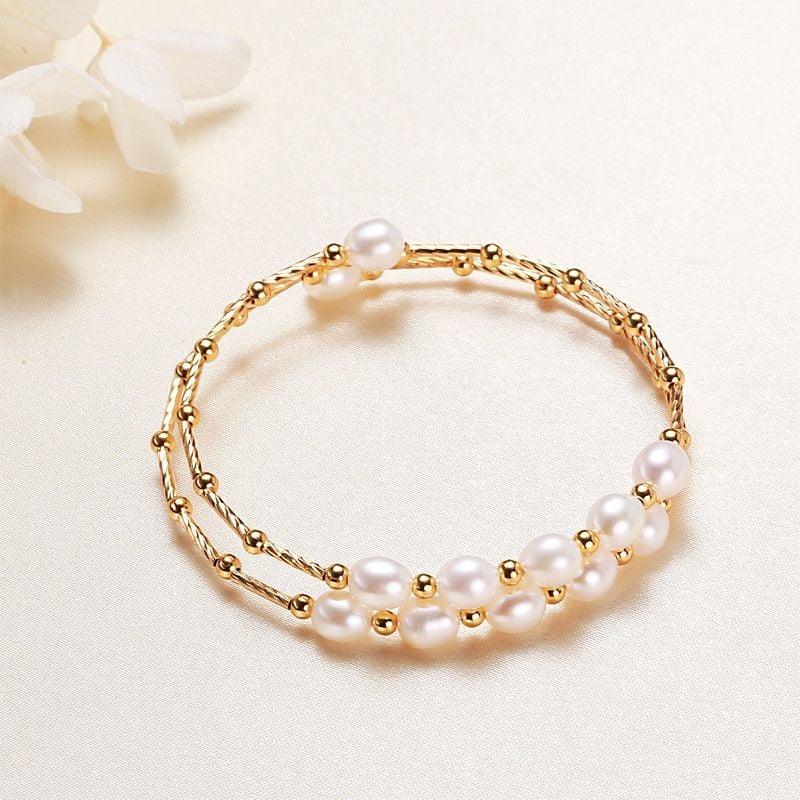 Vòng Tay Ngọc Trai Gọng Còng Cứng 2 Lớp Đính 2 Hàng 10 Hạt Ngọc Trai Giọt Nước MADAME HIEN PEARL VTG034