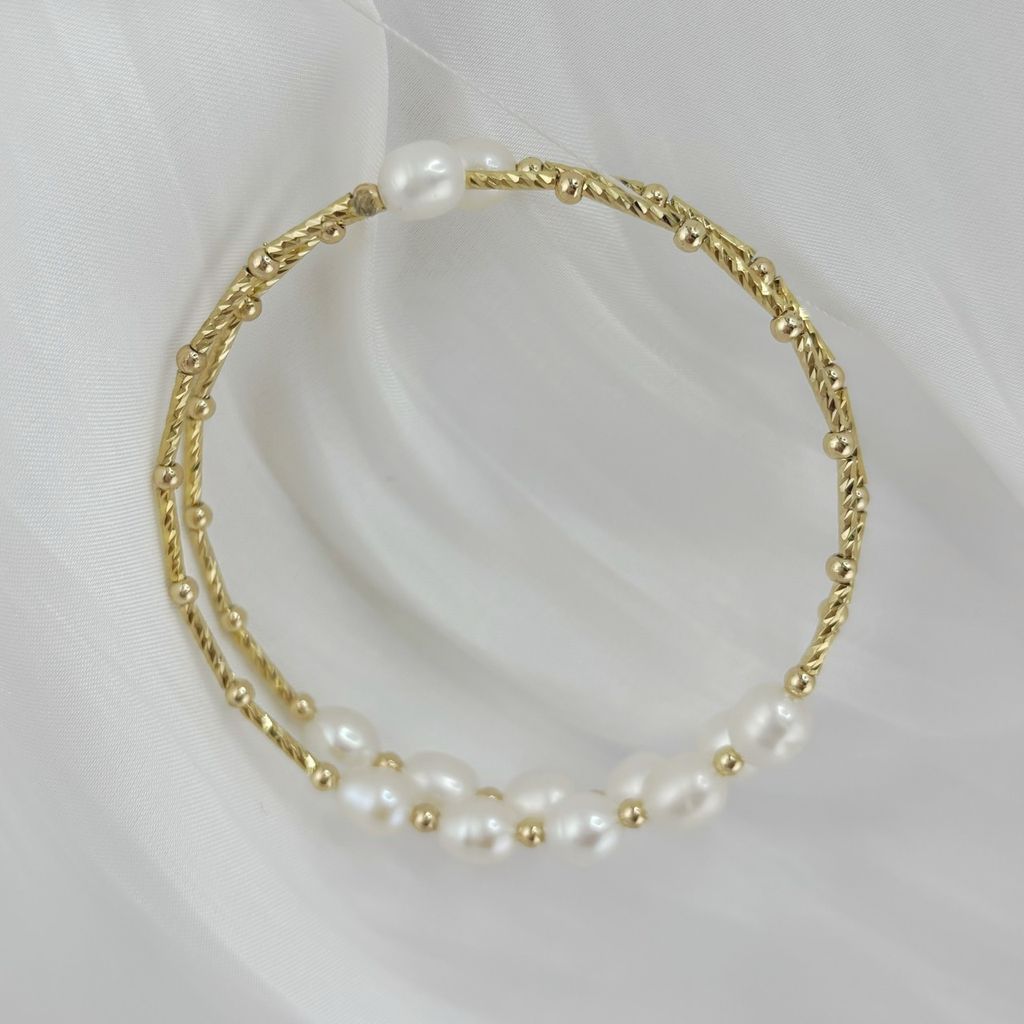 Vòng Tay Ngọc Trai Gọng Còng Cứng 2 Lớp Đính 2 Hàng 10 Hạt Ngọc Trai Giọt Nước MADAME HIEN PEARL VTG034
