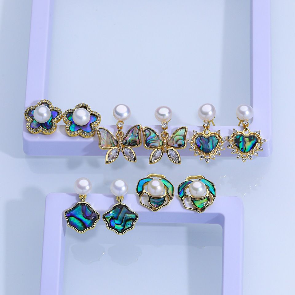 Bông Tai Mặt Ngọc Trai Tự Nhiên Đính Tua Rua Trái Tim Xà Cừ Xanh Bàu Ngư Viền Đá MADAME HIEN PEARLS Cho Nữ BTN203B