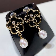Bông Tai Ngọc Trai Tự Nhiên MADAME HIEN PEARLS Tua Rua Mặt Hoa Hồng Đáng Yêu BTG052