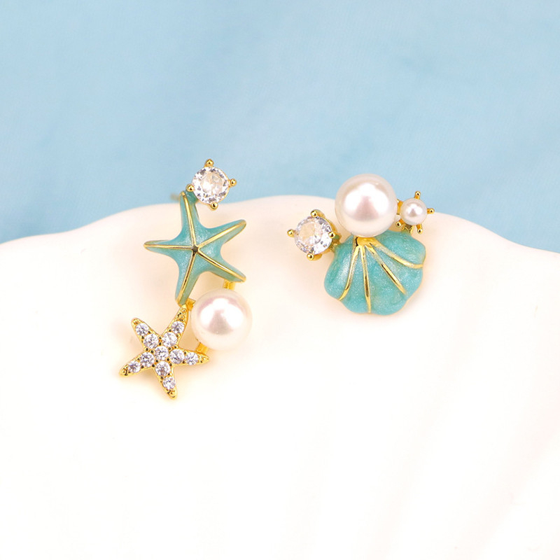 Bông Tai Ngọc Trai Tự Nhiên Mặt Sao Biển Và Sò Biển Phối Zircon Không Cân Bằng MADAME HIEN PEARLS Cho Nữ BTN229