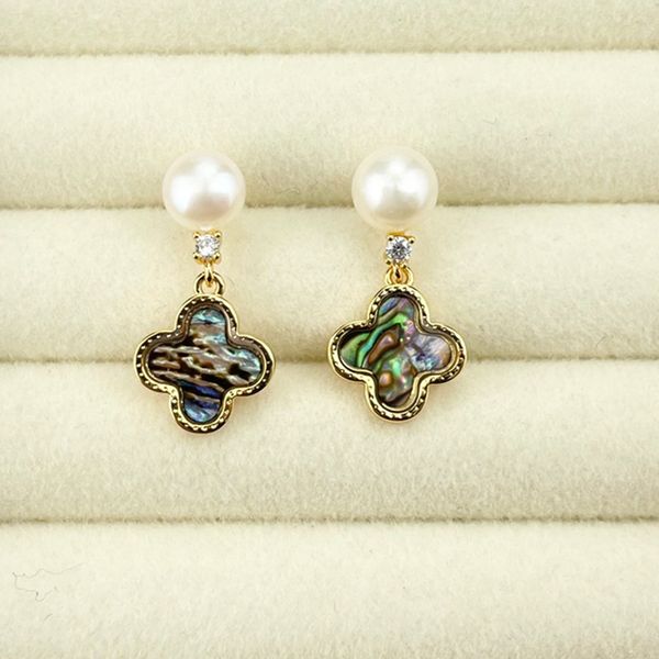 Bông Tai Ngọc Trai Tự Nhiên Tua Rua Cỏ 4 Lá Màu Xà Cừ Vỏ Bàu Ngư Hoạ Tiết LV MADAME HIEN PEARLS Thời Trang Nữ BTN193