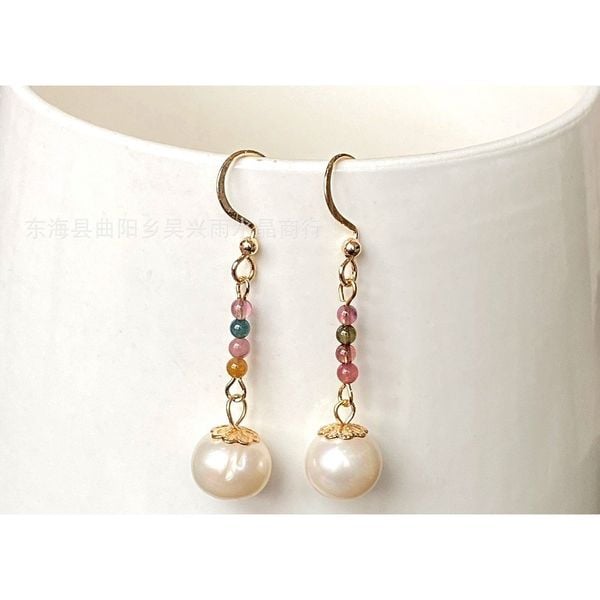 Bông Tai Ngọc Trai Tự Nhiên Tua Rua Phối Tourmaline Rong Biển Đơn Giản Tinh Tế MADAME HIEN PEARLS BTT125