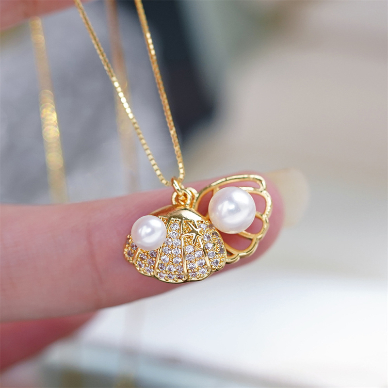 Dây Chuyền Mặt Ngọc Trai Tự Nhiên Vỏ Sò Đính 2 Hạt Ngọc Trai Ins Wind Double Pearl MADAME HIEN PEARLS Cho nữ MN064
