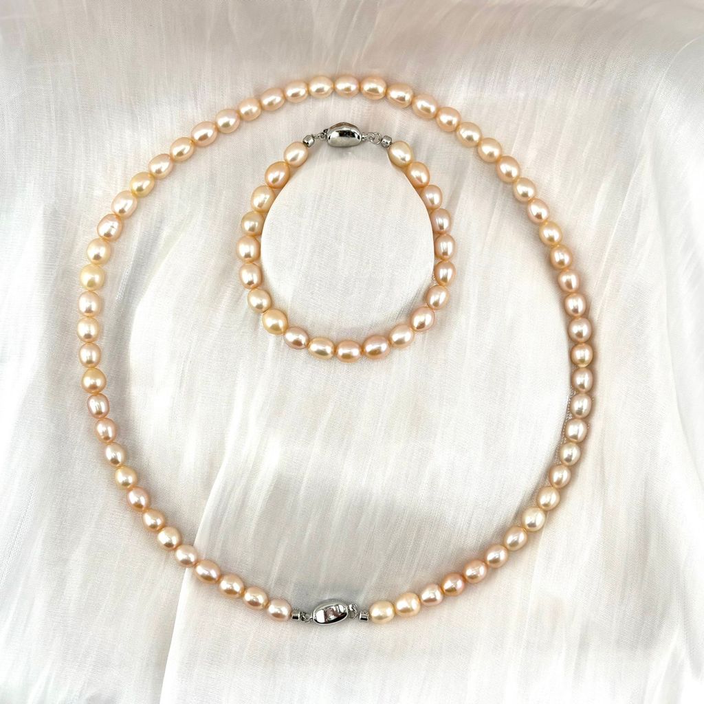 Bộ Set Ngọc Trai Vòng cổ + Vòng Tay Hạt Gạo Tự Nhiên 7-8mm Độ Bóng Cao AAA MADAME HIEN PEARLS SCG004