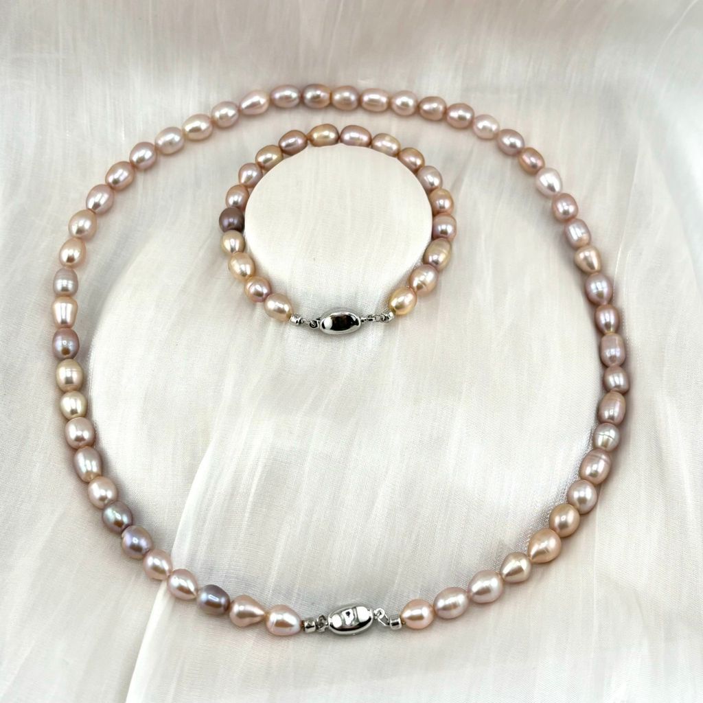 Bộ Set Ngọc Trai Vòng cổ + Vòng Tay Hạt Gạo Tự Nhiên 7-8mm Độ Bóng Cao AAA MADAME HIEN PEARLS SCG004