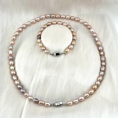 Bộ Set Ngọc Trai Vòng cổ + Vòng Tay Hạt Gạo Tự Nhiên 7-8mm Độ Bóng Cao AAA MADAME HIEN PEARLS SCG004