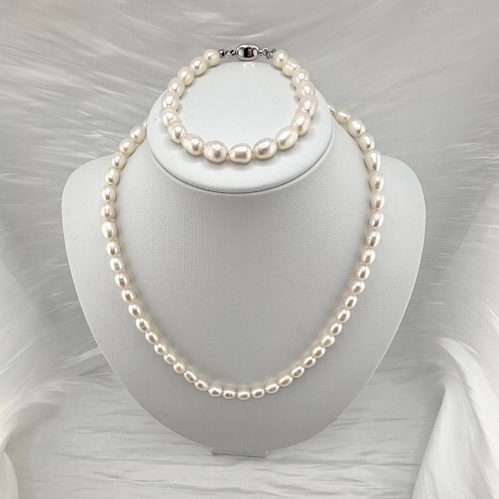 Bộ Set Ngọc Trai Vòng cổ + Vòng Tay Hạt Gạo Tự Nhiên 7-8mm Độ Bóng Cao AAA MADAME HIEN PEARLS SCG004
