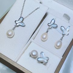Bộ Set Ngọc Trai Vòng cổ + Nhẫn + Bông Tai Bộ Trang Sức Ngọc Trai Tự Nhiên Bướm Trắng Xinh Xắn MADAME HIEN PEARLS SPS079